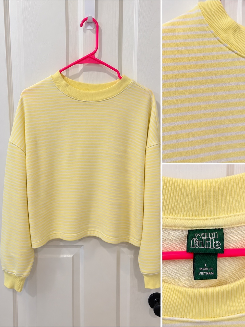 wild fable Pale Yellow & White Striped Cropped Crewneck Sweatshirt